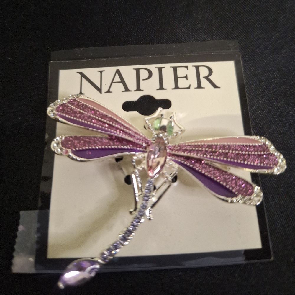 Napier Purple and Pink Dragonfly Pin with Rhinestones